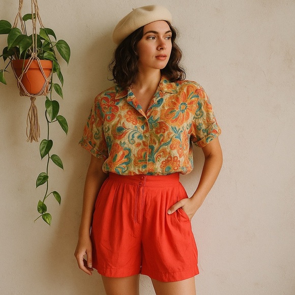Vintage 80s 90s Silk High Waisted Bright Coral Red Shorts S - Picture 2 of 13